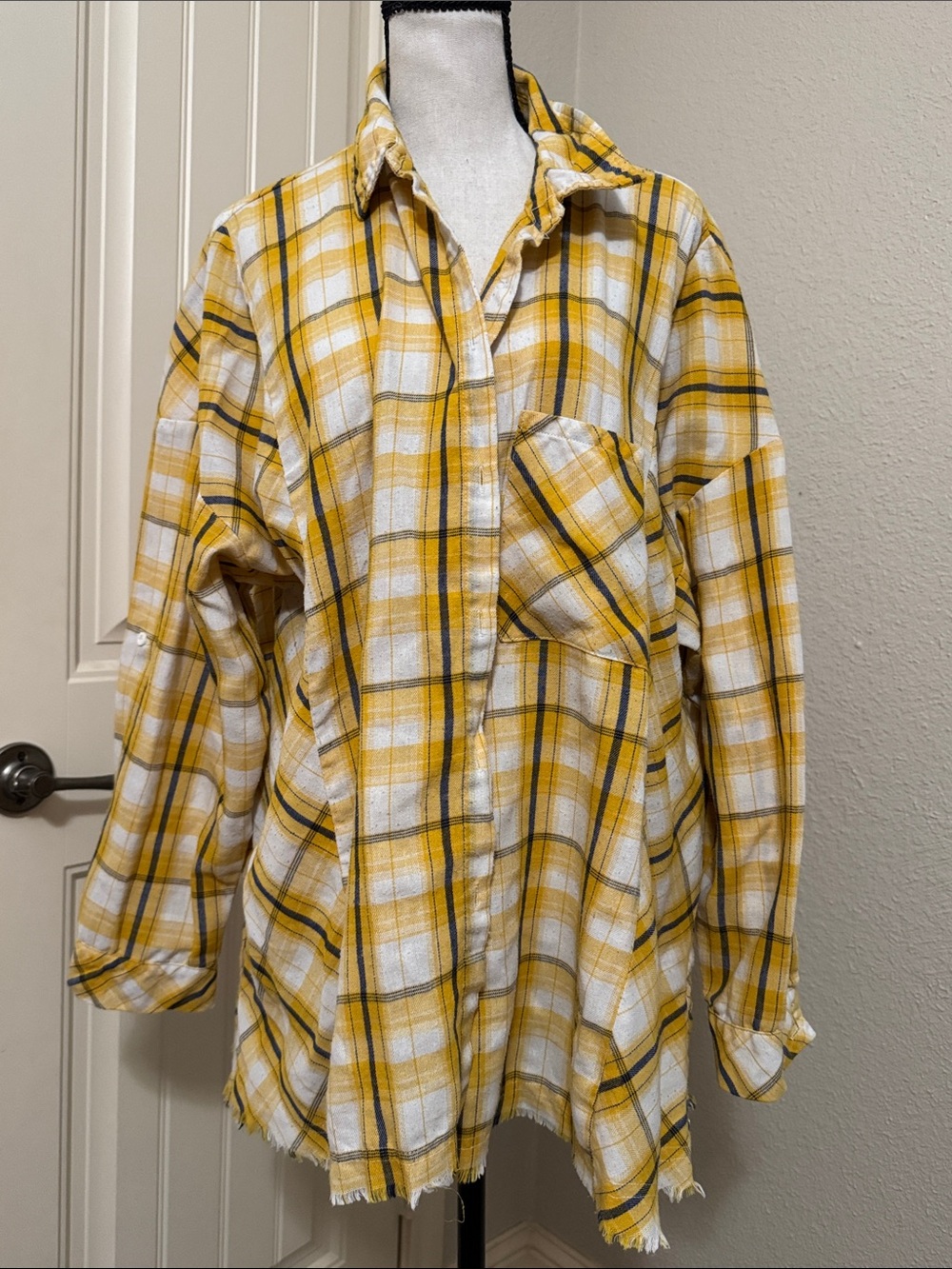 Andree Yellow White Plaid Button-Front Tunic Sweater